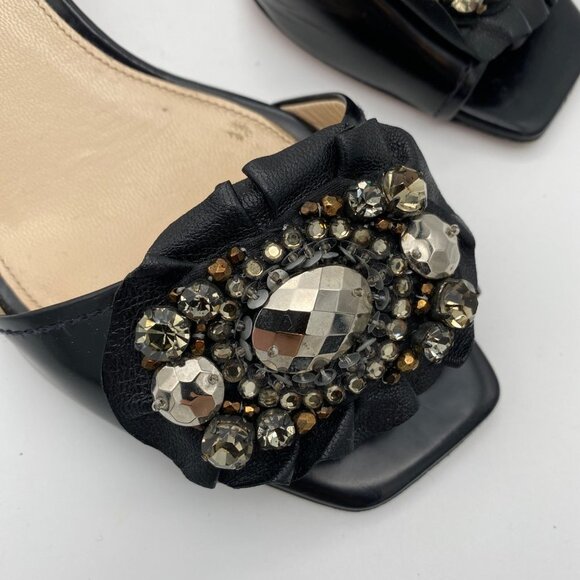 Prada Black Embellished Low Heels Size 36.5 Black Leather Square Toe Romantic - Picture 3 of 10